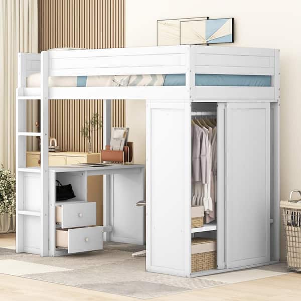 Harper & Bright Designs White Twin Size Wood Loft Bed with Wardrobe, 2-Drawer Desk and Cabinet