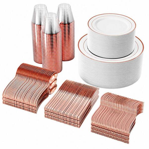 600-Piece Rose Gold Disposable Plastic Dinnerware Set Service for 100, Includes Plates, Cups, Cutlery Set for Wedding
