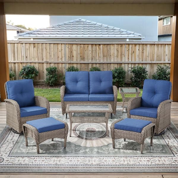 PlainCurve 7-Piece Gray Wicker Patio Conversation Set with Glider Loveseat and Olefin Navy Blue Cushions