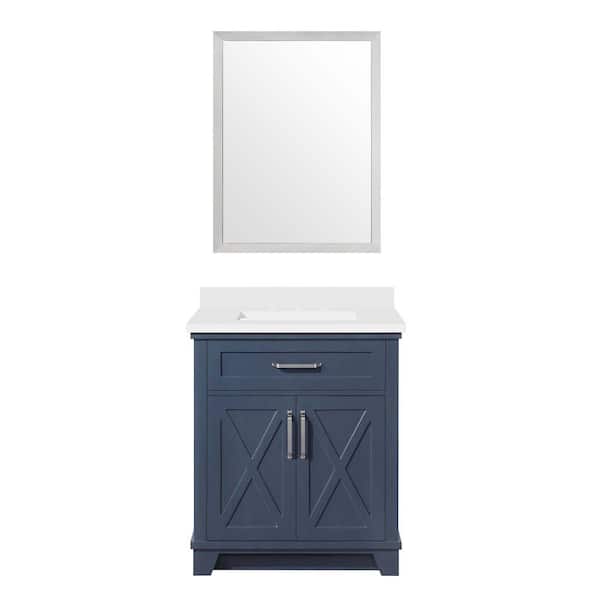 OVE Decors Ollie 30 in. W x 22 in. D x 35 in. H Bath Vanity in Midnight Blue w/WHT Engineered Stone Top and Brushed Nickel Mirror