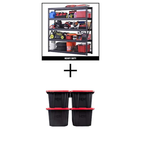 5-Shelf Metal Garage Storage Shelving Unit (90 in.x90 in.x24 in.) with 27 Gal. Black/Red Storage Tote Combo (4-Pack)