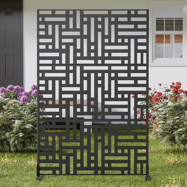 72 in. x 47 in. Outdoor Black Metal Privacy Screen Garden Fence in Geometric Pattern