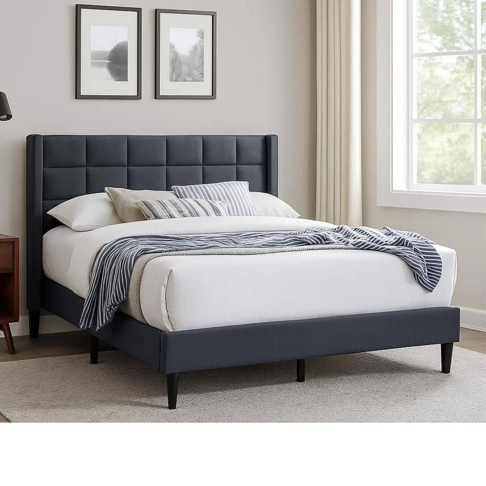 Benjara Zensa Gray Wood Frame Full Panel Bed with Padded Headboard