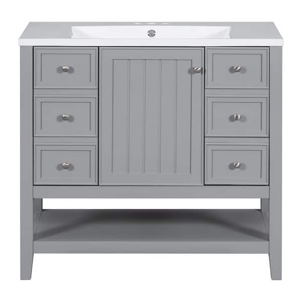 36 in. Gray Wood Rectangle Vessel Sink Bathroom Vanity Combo with 1-Cabinet and 3-Drawers