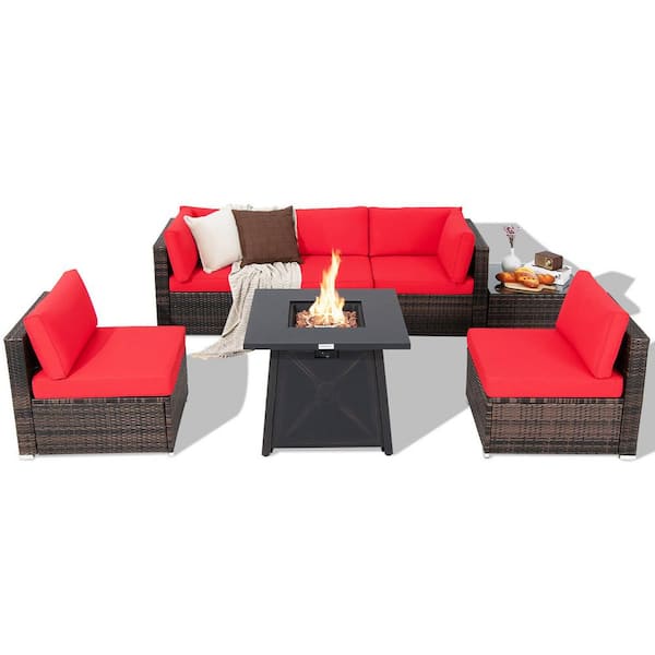 Gymax 7-Pieces Rattan Patio Sectional Furniture Set w/30 in. Fire Pit Table and Red Cushion