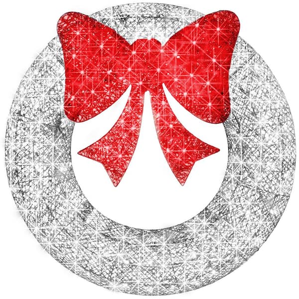 60 in. Pre-Lit LED Metal Outdoor Artificial Christmas Wreath with 206 Lights and Silver/Red Bow