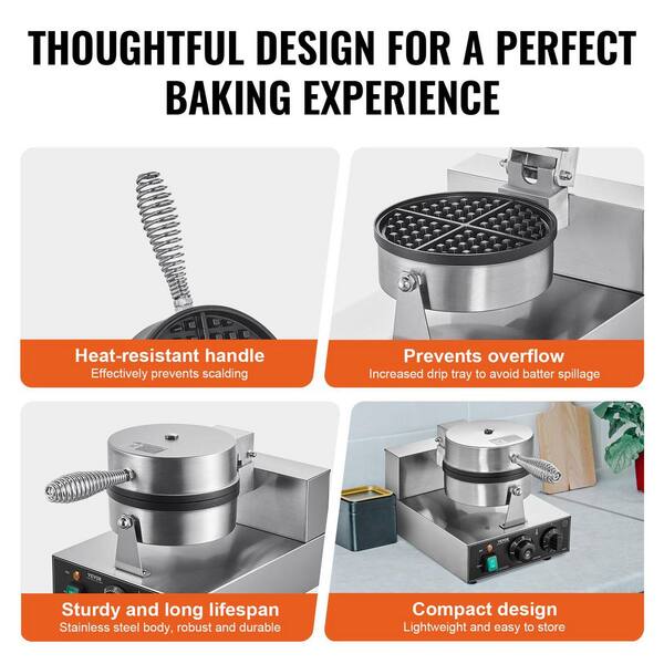 110V Commercial Round Waffle Maker Nonstick Rotated 1100W Electric Waffle Machine Stainless Steel Temperature and Time Control Suitable for Bakeries Snack Bar Family