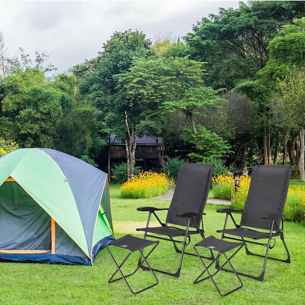 4 Pieces Metal Patio Adjustable Back Folding Dining Chair Ottoman Set-Gray