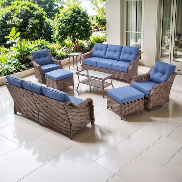 Artisan Brown 8-Piece Wicker Patio Conversation Set with 3-Seat Sofas, Swivel Rockers, and Olefin Navy Blue Cushions