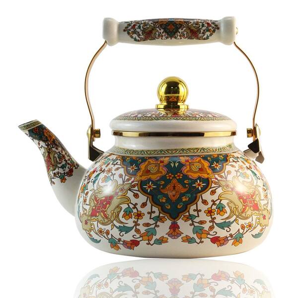 2.5-Cup Gold Beige Floral Enamel Teapot Vintage Boho Porcelain Ceramic Handle Stovetop Compatible Tea Kettle