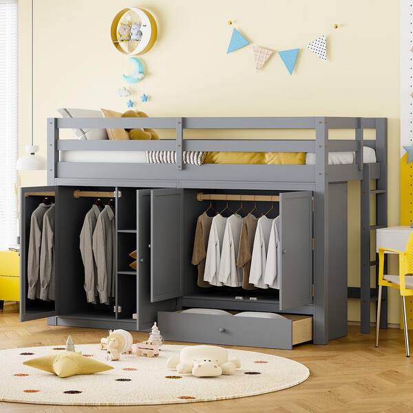 Nestfair Gray Wood Frame Twin size Loft Bed with Drawer, 2 Wardrobes and Mirror