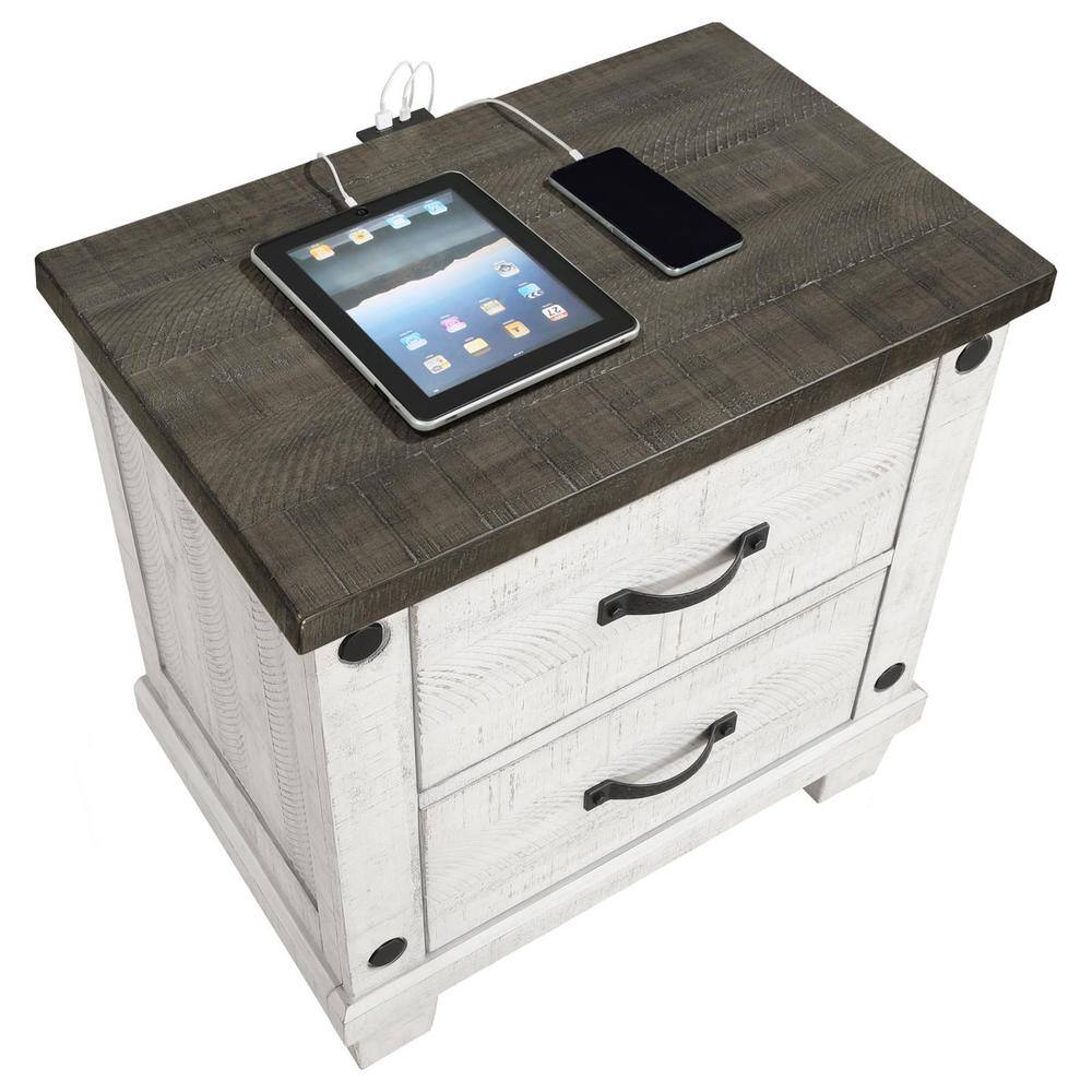 Distressed Gray and White 2-Drawer Pine Wood Nightstand