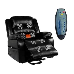 Faux Black Leather Power Lift Recliner Chair with Massage, Remote, Footrest, Studded & Tufted Detailing, Side Pocket