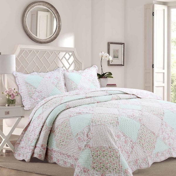 Cozy Line Home Fashions Pastel Floral Rose Garden 3-Piece Soft Pink Peach Green Ruffle Patchwork Cotton King Quilt Bedding Set