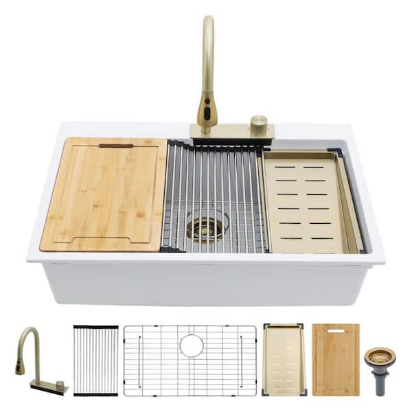 33 in. Drop-in Single Bowl 16 Gauge White Quartz Kitchen Sink with Pull-out faucet, Cutting Board and Colander