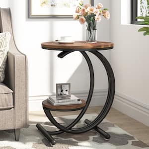 Kerlin 20 in. Brown Black Wood Round Side Table, 2-Tier Industrial End Table with Metal Frame for Living Room