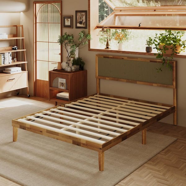 Brown Acacia Wood Frame Queen Panel Bed with Enhanced Load Support and Stability