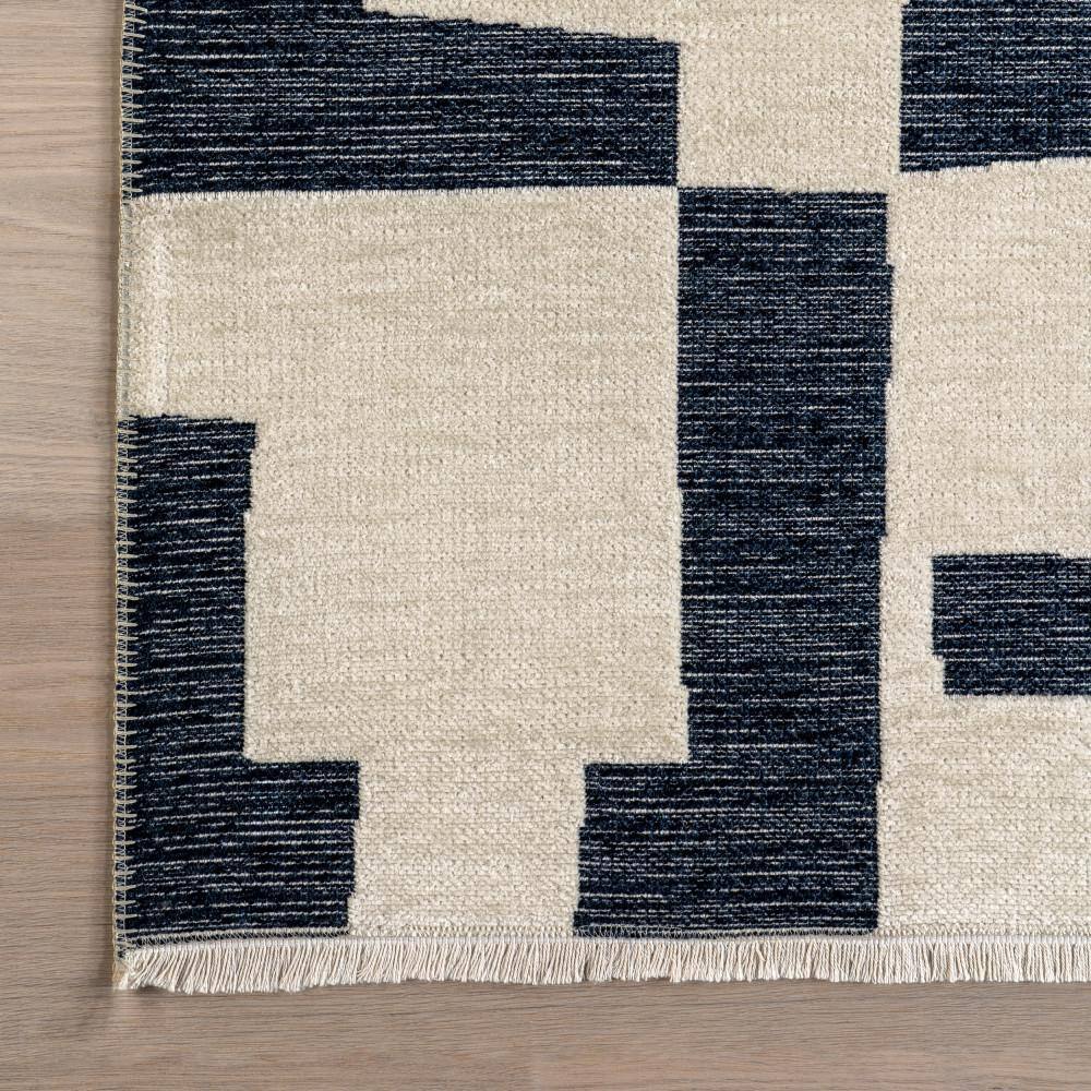 Viktoria Navy and White Geometric Reversible Washable Rug