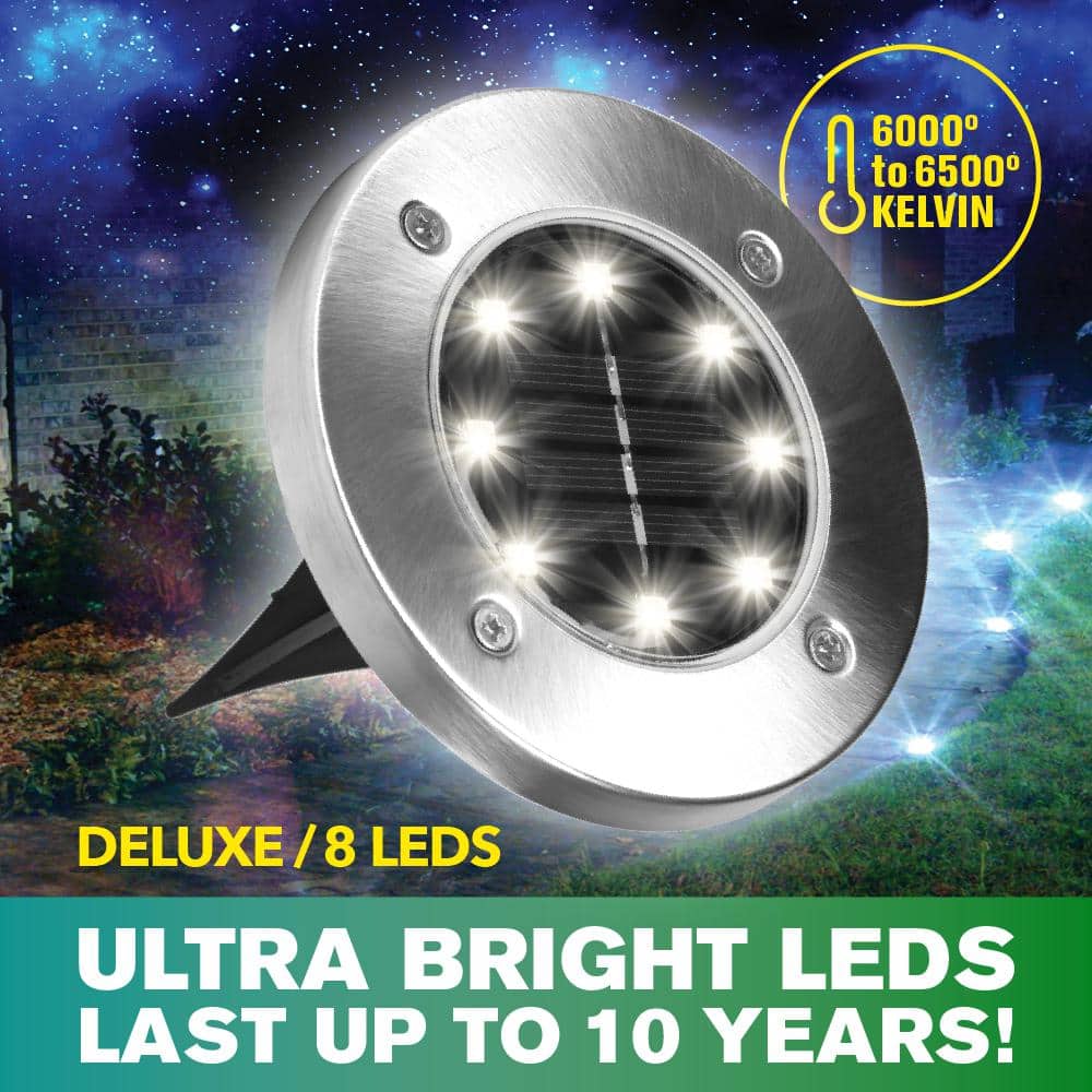 Stainless Steel Solar-Powered LED Pathway Disk Lights, 4-Pack