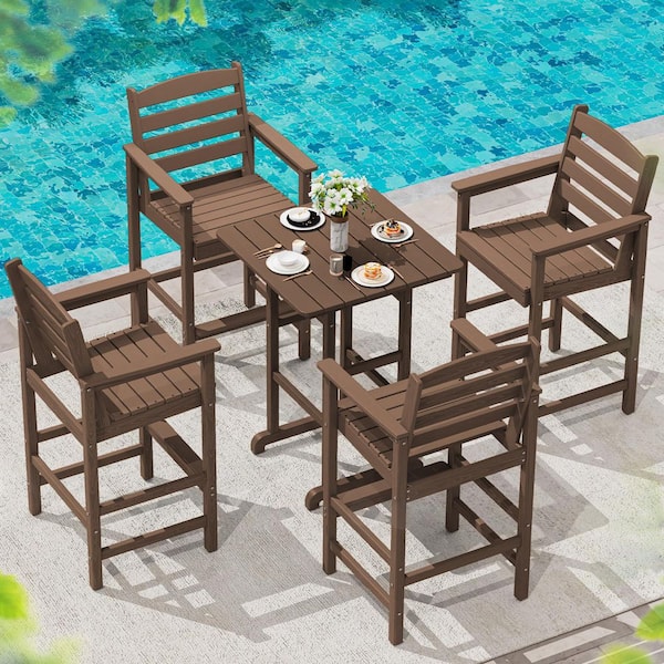 5-Piece HDPE Outdoor Patio Bar Set, Oversize Tall Adirondack Bar Chair and Table Set, Teak