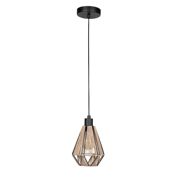 Eglo Adwickle 6.70 in. W x 80.90 in. H 1-Light Black Shaded Mini Pendant Light with Natural Fabric Shade