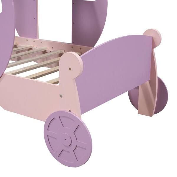 Polibi Pink Twin Princess Carriage Kid Bed with Crown, Wood