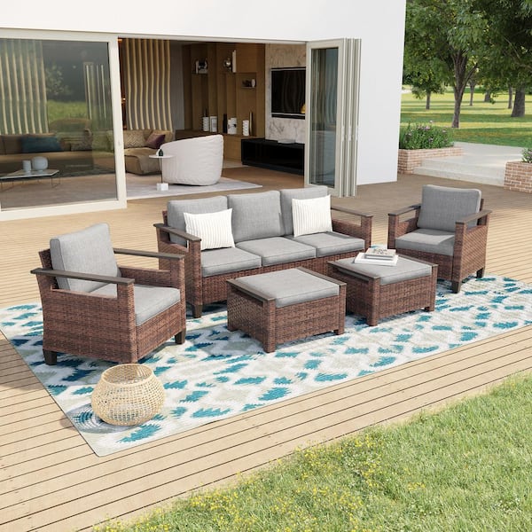 5 Pieces All-Weather PE Brown Wicker Patio Conversation Set with Linen Grey Cushion