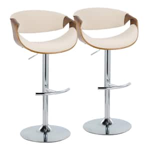 Curvo 33.5 in. Cream Fabric, Walnut Wood and Chrome Metal Adjustable Bar Stool with Rounded T Footrest (Set of 2)