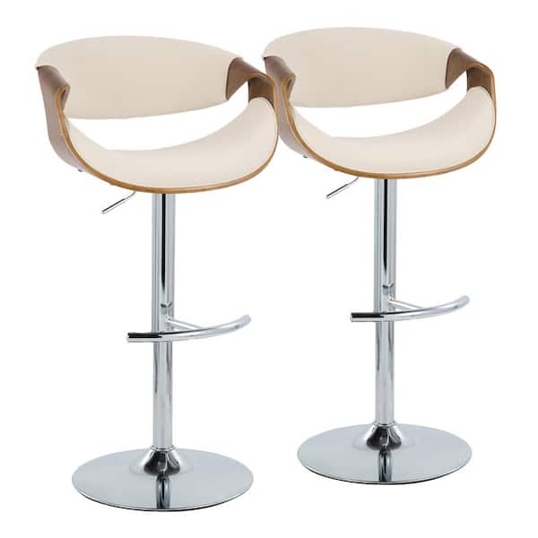 Lumisource Curvo 33.5 in. Cream Fabric, Walnut Wood and Chrome Metal Adjustable Bar Stool with Rounded T Footrest (Set of 2)