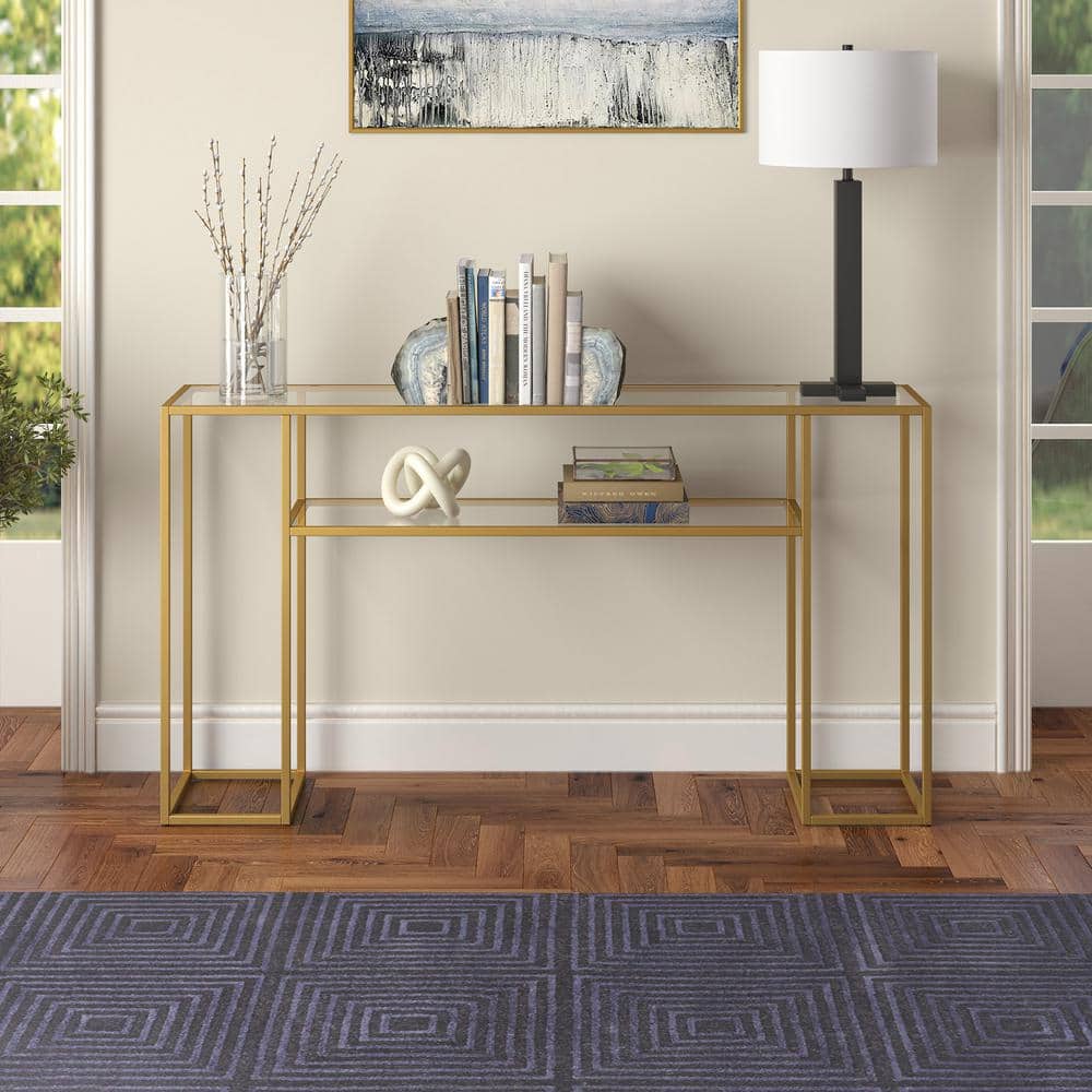 Art Deco Inspired 55" Brass & Glass Console Table with Shelf