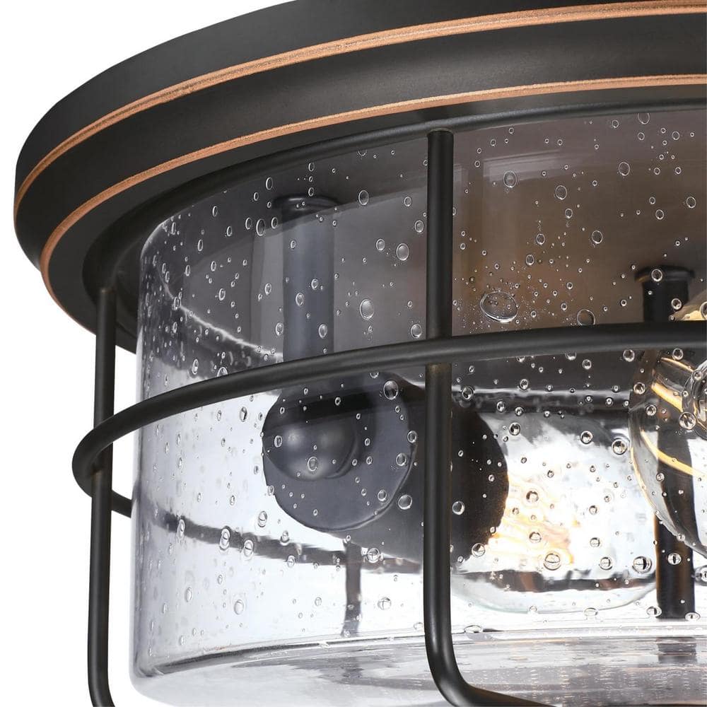 Rosella Black-Bronze 2-Light Outdoor Flush Mount with Seeded Glass