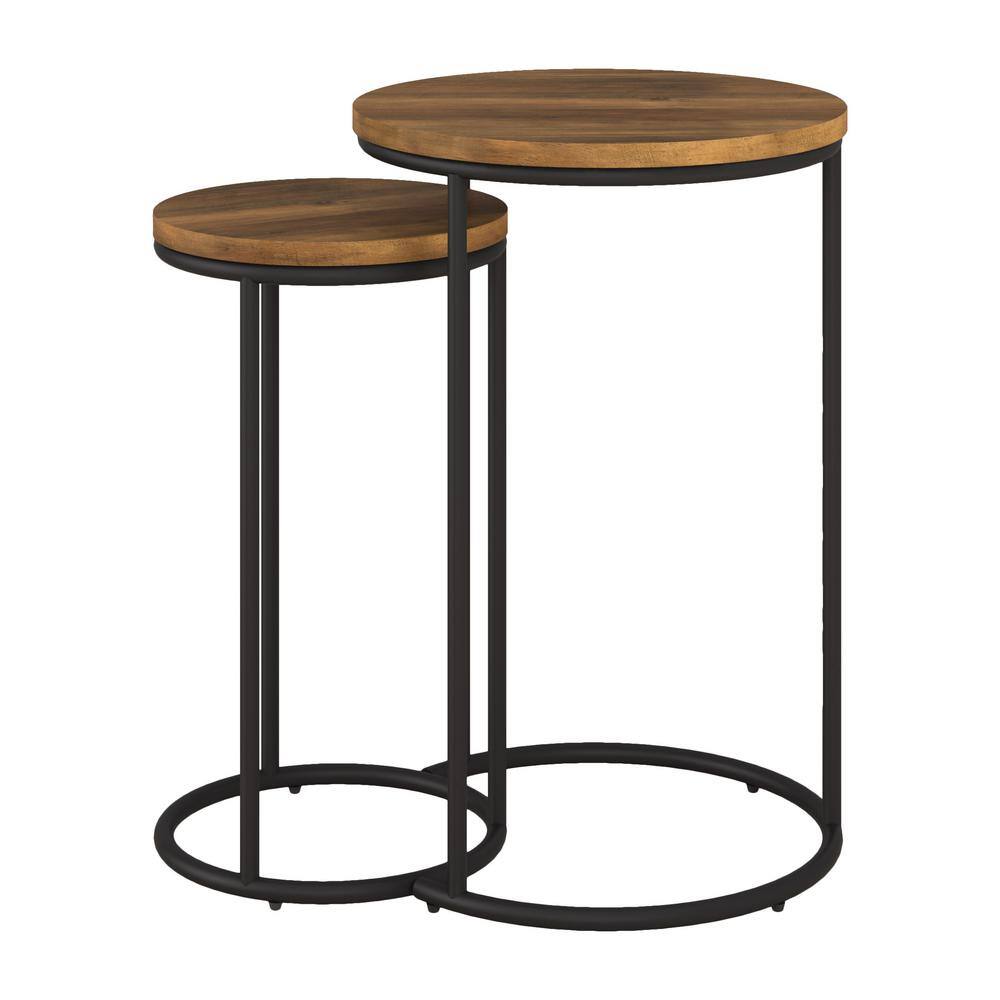 Fort Worth Natural Wood and Black Metal Round Nesting Side Tables