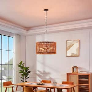 5-Light 22.5 in. Pendant Light with Rattan Double-Layer Natural Bamboo Shade