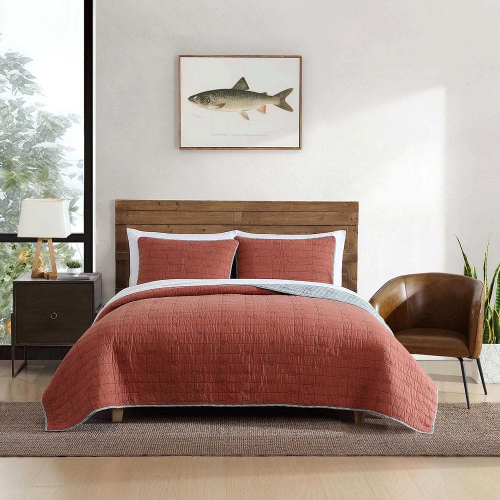 King Gray and Terracotta Cotton Reversible Quilt Set