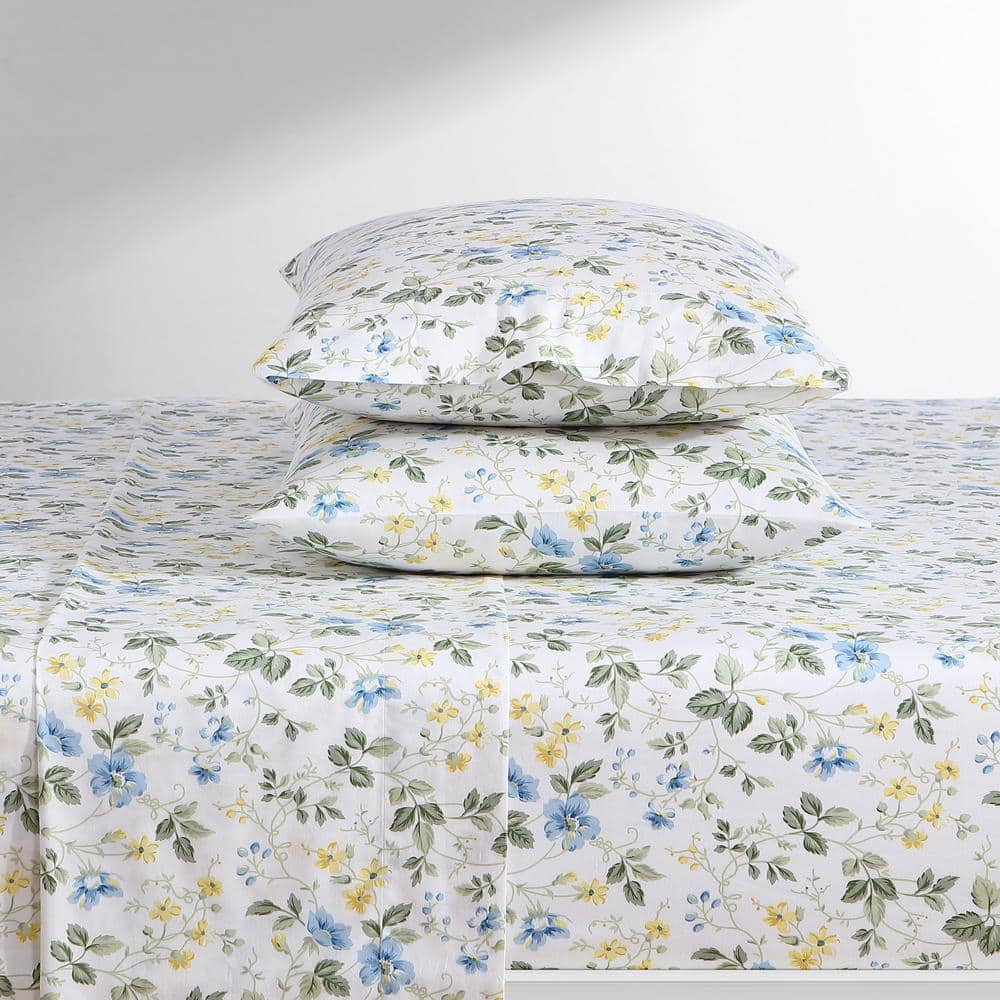Laura Ashley Meadow Floral 4Piece Blue Cotton Queen Sheet Set USHSA01217794 The Home Depot