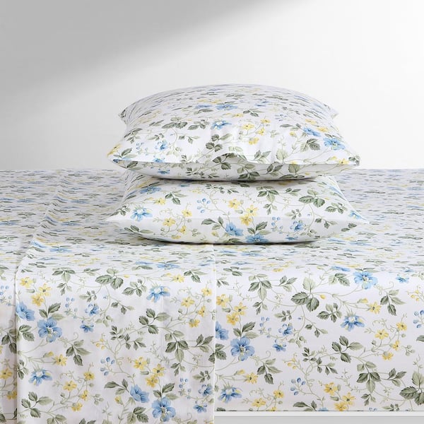 Meadow Floral 4-Piece Blue Cotton King Sheet Set