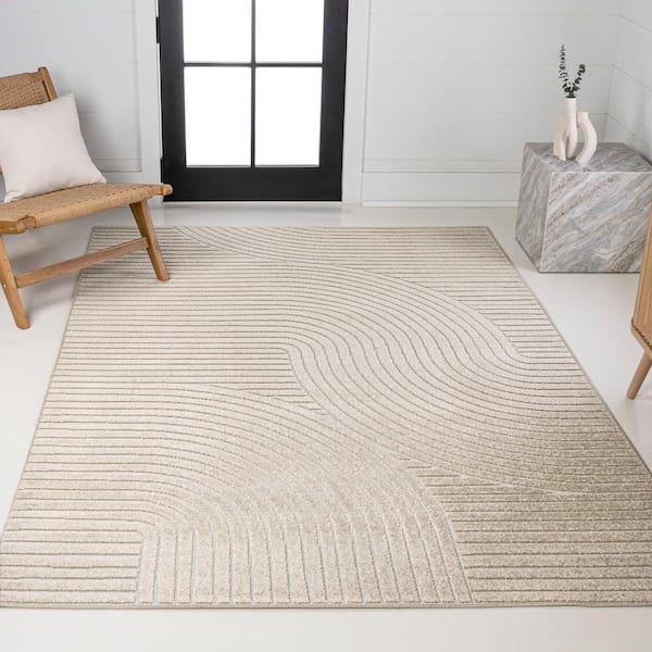 Hallie High-Low Minimalist Curve Geometric Beige/Cream 8 ft. x 10 ft. Indoor/Outdoor Area Rug