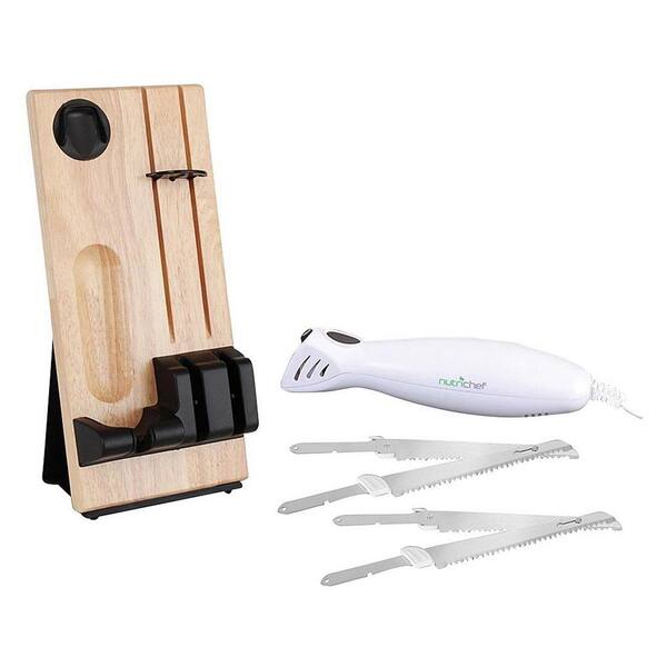 NutriChef 10.5 in. Blade Serrated Stainless Steel Electric Knife with Butcher Block Storage Tray (4 Pack)