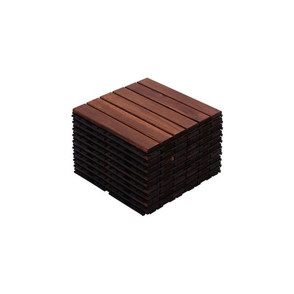 Oyezvary 12x12 in. Brown Interlocking Acacia Solid Wood Deck Tiles, Waterproof, Anti Mildew and Mold in Striped Pattern (10-Pack)