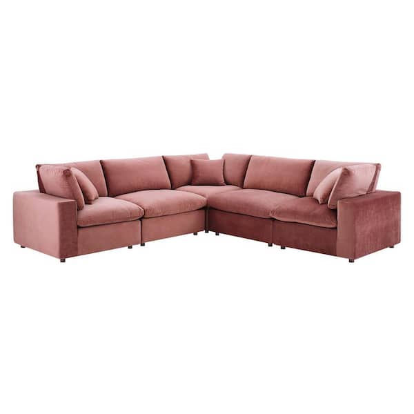 MODWAY Commix 119 in. Dusty Rose Down Filled Performance Velvet 5-Piece 5 Seat Sectional Sofa with Removable Cushions