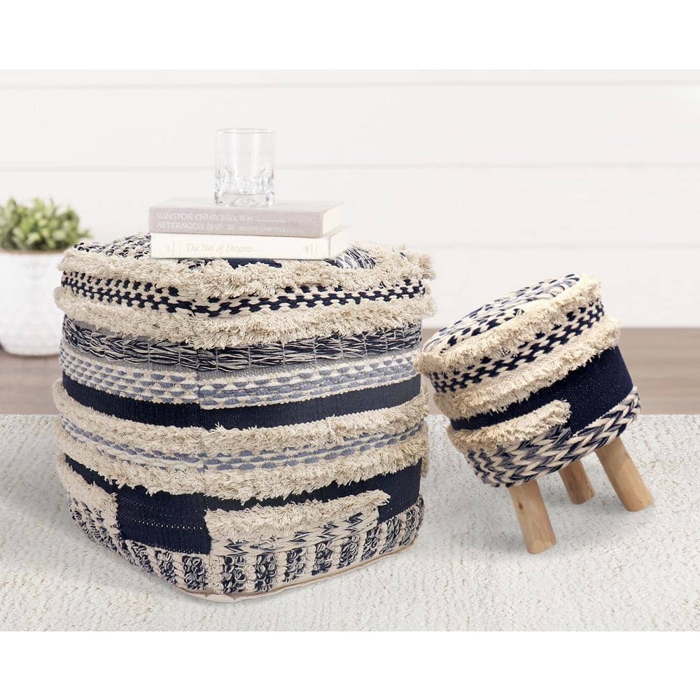 Navy and Beige Handwoven Cotton Shaggy Pouf