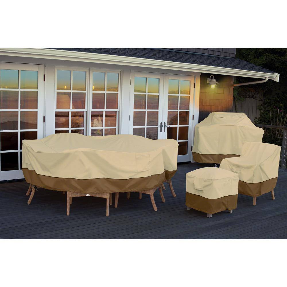 Tan and Brown Polyester Large Patio Table Cover with Handles