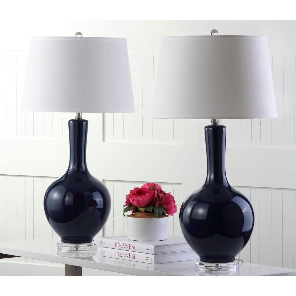 Blanche Navy Ceramic Table Lamp Set with White Cotton Shade
