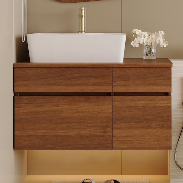 32 in. Single Sink Floating Walnut Bath Vanity with White Cultured Marble Top