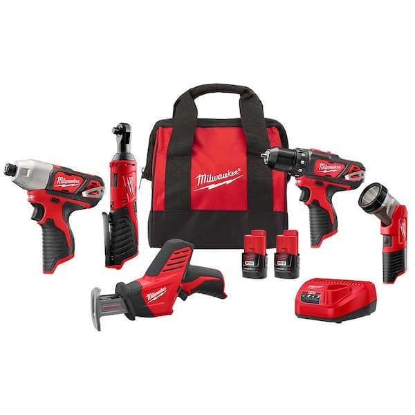Milwaukee M12 12V Lithium-Ion Cordless Combo Kit (5-Tool) with Two 1.5 Ah Batteries, Charger and Tool Bag