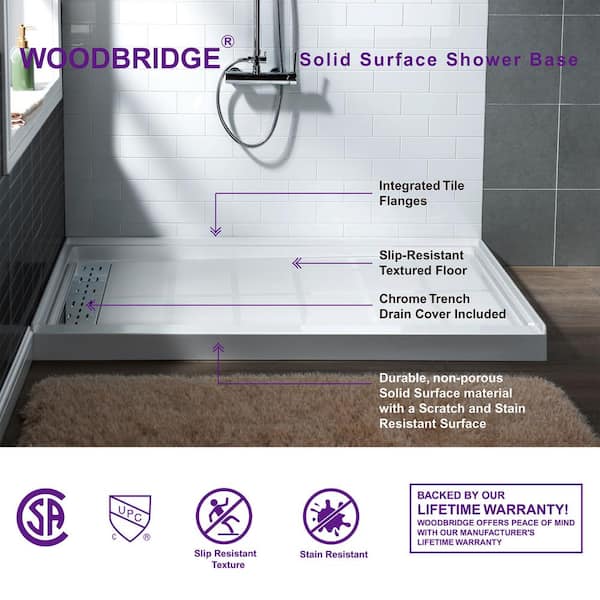 Woodbridge Krasik 60 in. L x 30 in. W Alcove Solid Surface Shower Pan Base with Left Drain in White with Chrome Cover, White with Chrome Drain Cover