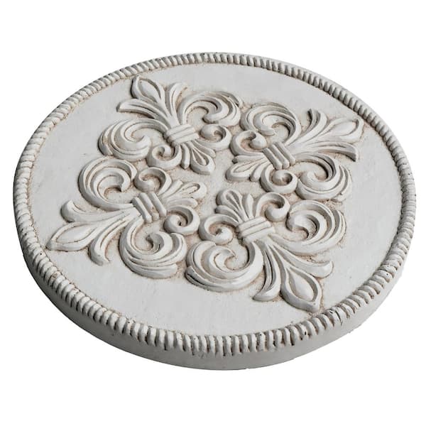 MPG 12 in. Dia x 1 in. H Composite Fleur de Lis Stepping Stones in Aged White (Set of 3)