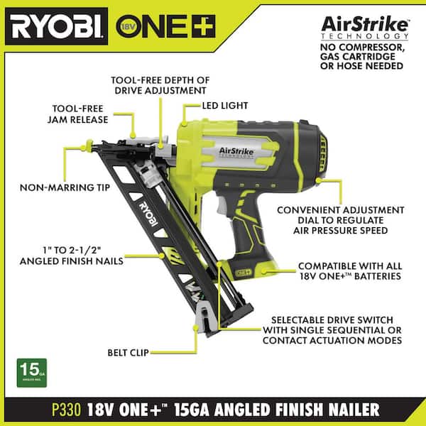 RYOBI ONE+ 18V AirStrike Angled Finish Nailer with Cordless Jig (Tools Only) P330-PCL525B - The Home Depot