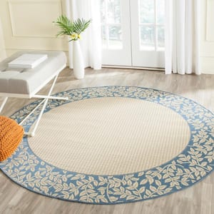 Courtyard Natural/Blue 7 ft. x 7 ft. Round Border Indoor/Outdoor Patio  Area Rug