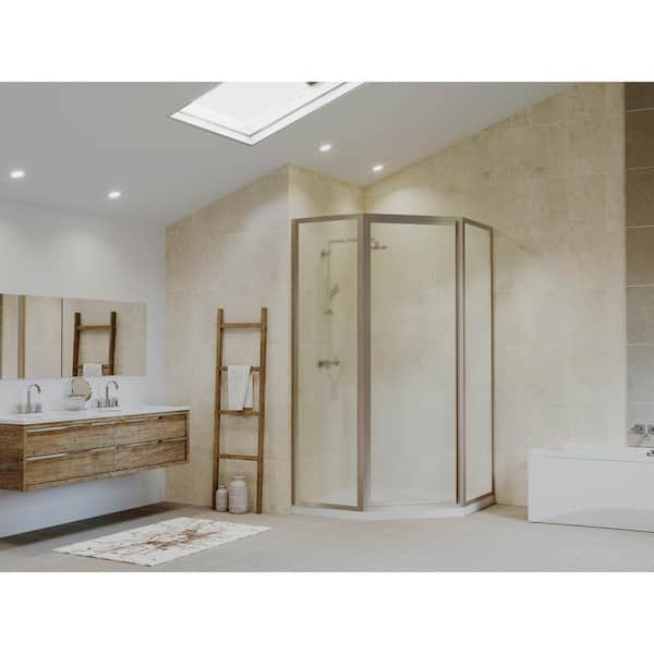 Legend 58 in. x 70 in. Framed Neo-Angle Hinged Shower Door in Brushed Nickel and Obscure Glass